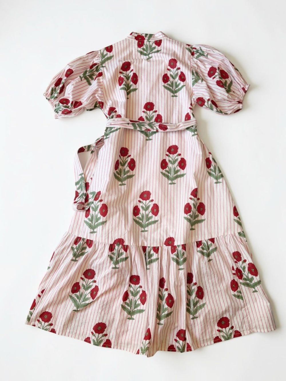 Fox & Hen Pink Floral-Striped Midi Shirt Dress Puff Sleeves Tie Waist Size XS - Picture 11 of 12